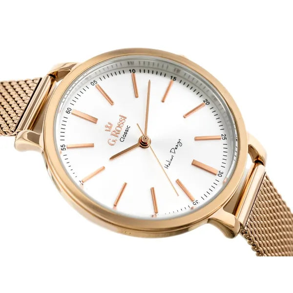 Női kvarc karóra rozéarany fém szíjjal, ezüst számlap, 34 mm