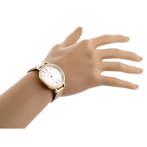 Női kvarc karóra rozéarany fém szíjjal, ezüst számlap, 34 mm