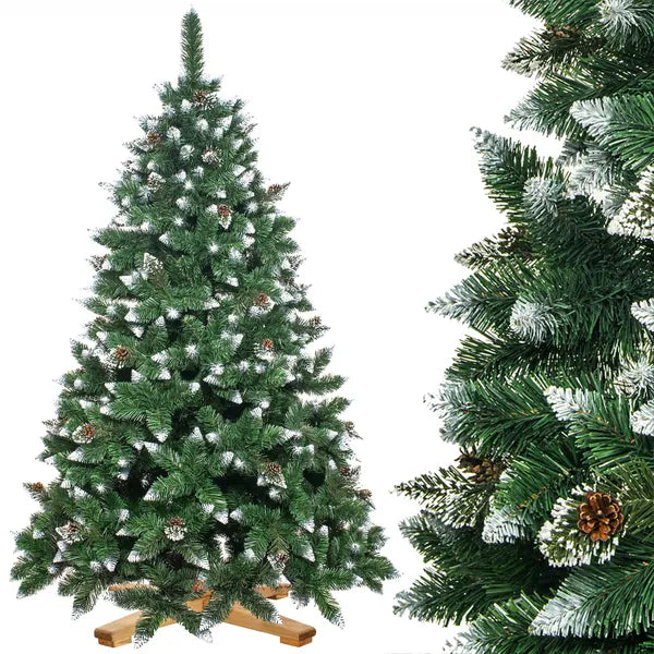 Prémium gyémántfenyő karácsonyfa, 220 cm, zöld-fehér PVC, tobozokkal