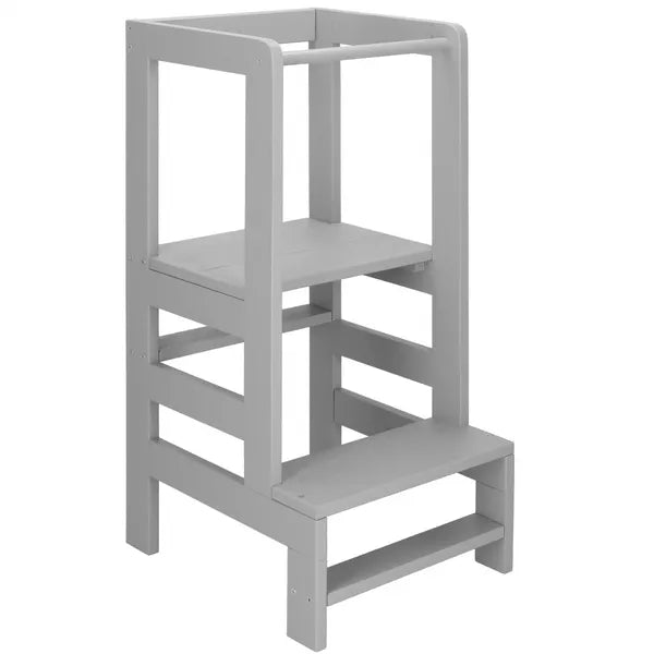 Szürke fenyőfa állítható tanulótorony, 90×39×44 cm, 100 kg teherbírás, 12 hó+