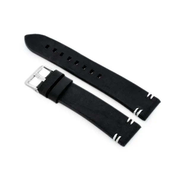 Fekete-fehér, természetes bőr óraszíj ezüst csattal, 22 mm