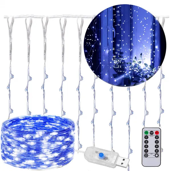 Kék USB-s fényfüggöny, 300 LED, 3×3 m, távirányítóval, IP44