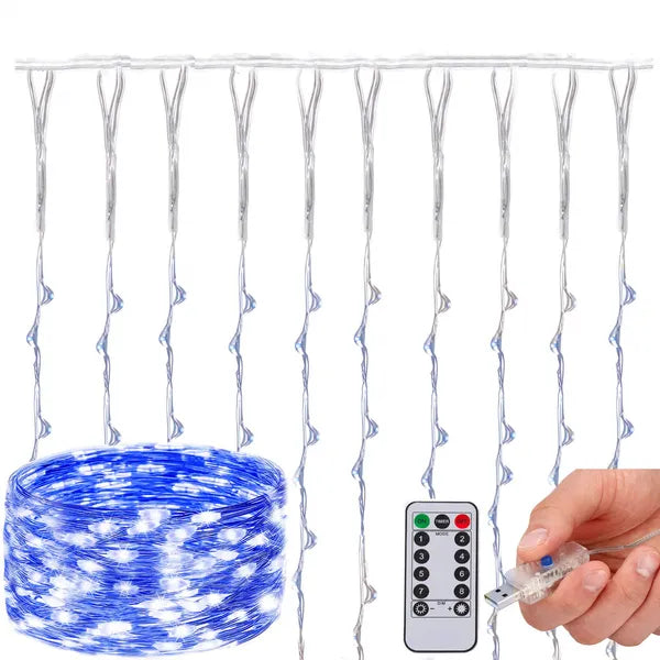 Kék USB-s fényfüggöny, 300 LED, 3×3 m, távirányítóval, IP44