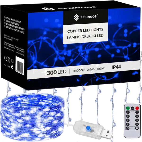 Kék USB-s fényfüggöny, 300 LED, 3×3 m, távirányítóval, IP44