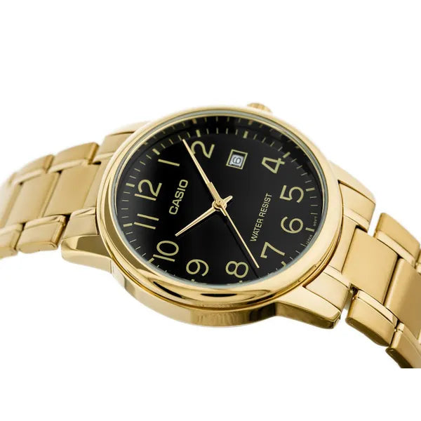 Casio MTP-V002G-1B férfi karóra, arany acél, fekete számlap, WR30