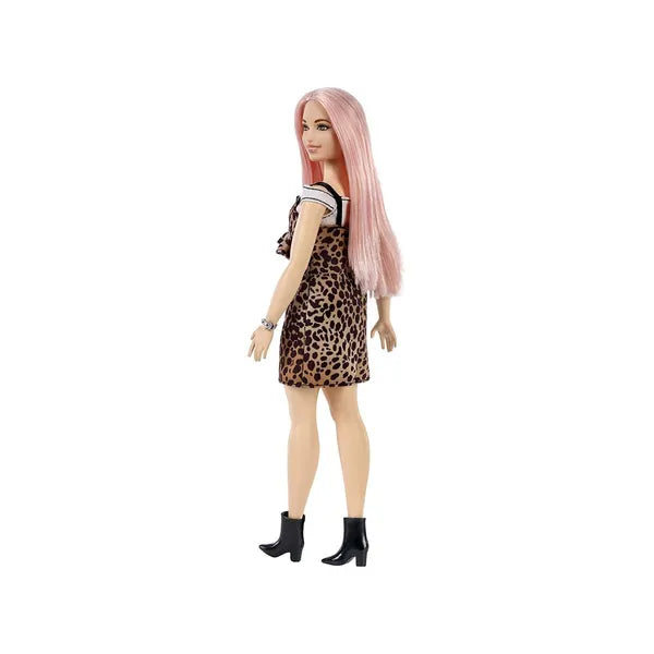 Barbie Fashionistas baba, rózsaszín hosszú haj, leopárd ruha, 28,5 cm