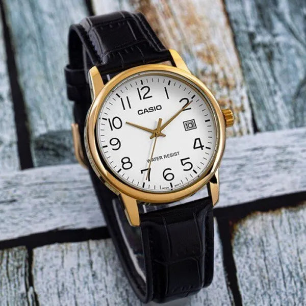 Casio férfi karóra, kvarc, fekete bőr szíj, arany tok, 44 mm