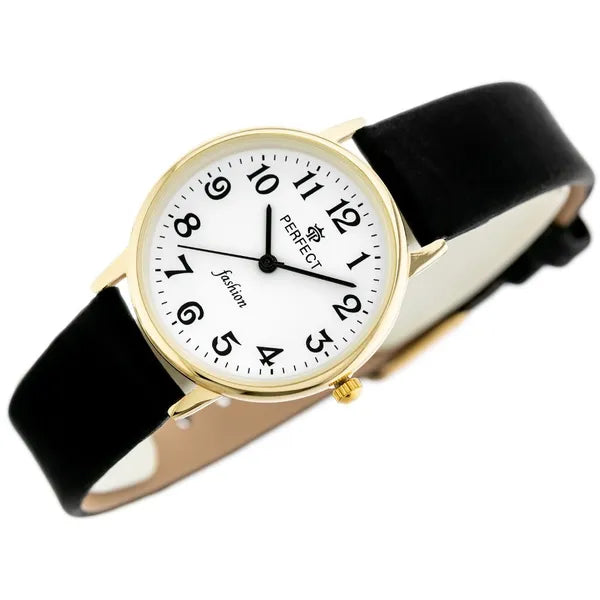 Női quartz karóra arany tok 32 mm, fehér számlap, fekete bőrszíj WR30