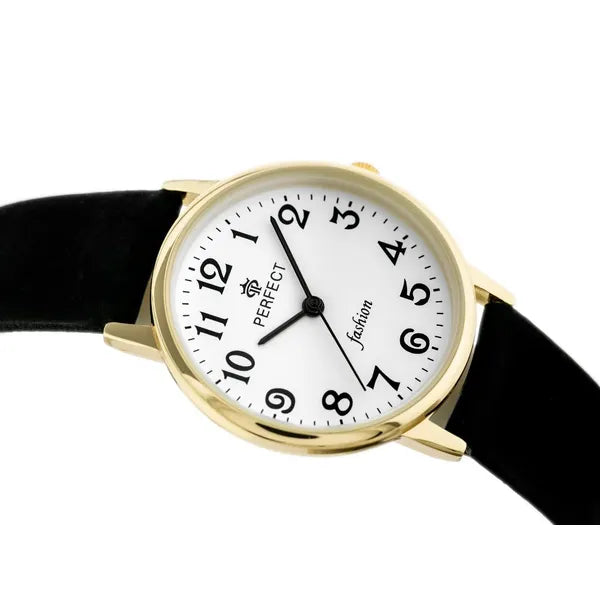 Női quartz karóra arany tok 32 mm, fehér számlap, fekete bőrszíj WR30