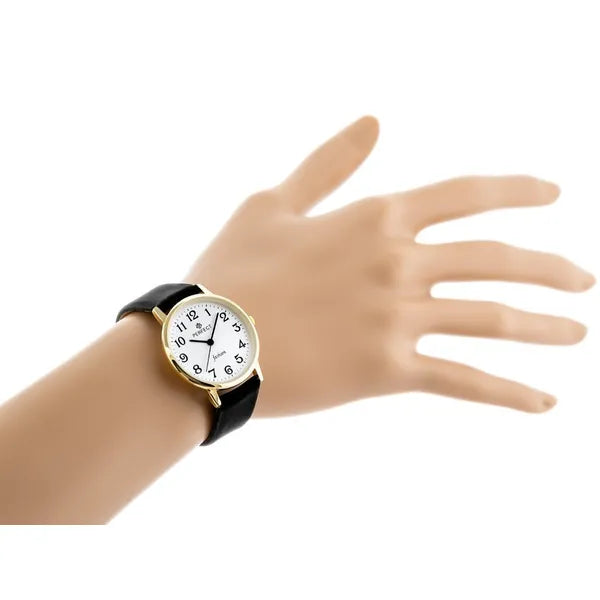 Női quartz karóra arany tok 32 mm, fehér számlap, fekete bőrszíj WR30