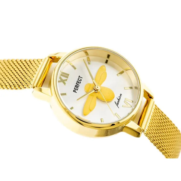 Női arany fém karóra 32 mm, ezüst számlap arany szitakötővel