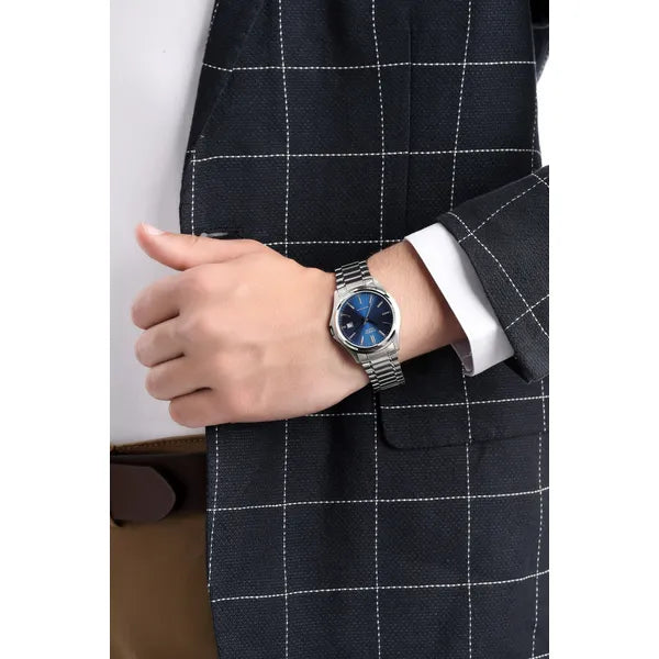 Casio férfi karóra, acél szíj, kék számlap, dátum, WR30, 39 mm