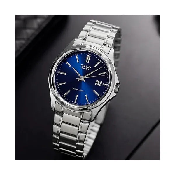 Casio férfi karóra, acél szíj, kék számlap, dátum, WR30, 39 mm