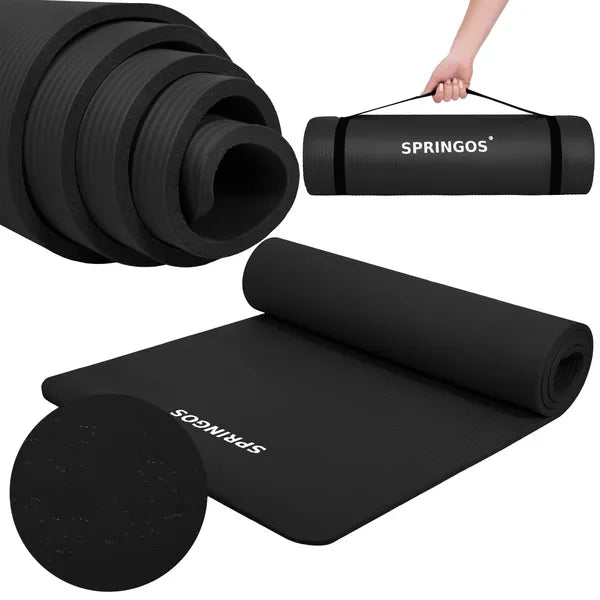 Fekete NBR jóga- és fitneszszőnyeg 183×61×1 cm hordpánttal