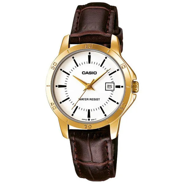 Casio LTP-V004GL-7A női karóra, arany tok, barna bőrszíj, fehér számlap