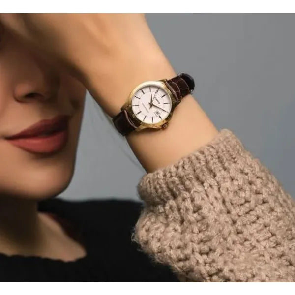 Casio LTP-V004GL-7A női karóra, arany tok, barna bőrszíj, fehér számlap
