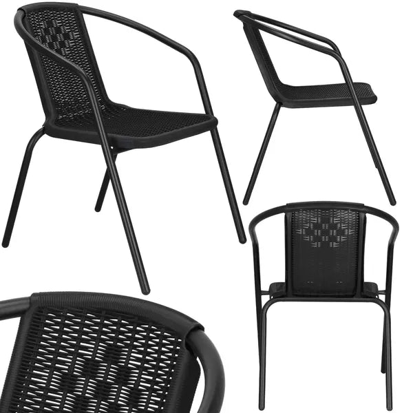 Fekete, rattan hatású fém kerti szék, 120 kg teherbírás