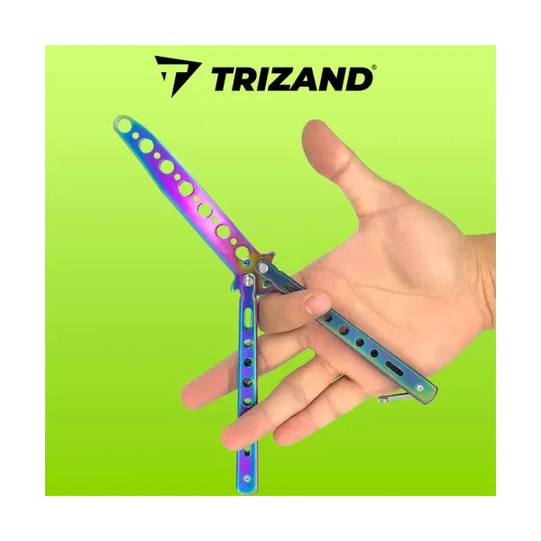 Gyakorló pillangókés tompa pengével, szivárvány titán-acél, 22 cm