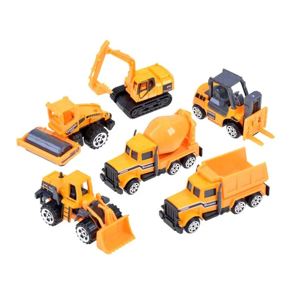 6 darab fém munkagép játékautó szett, 7,5 cm
