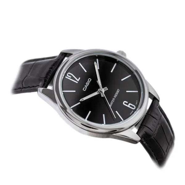 Casio MTP-V005L-1B4 férfi karóra, fekete számlap, bőr szíj, 40 mm, WR30