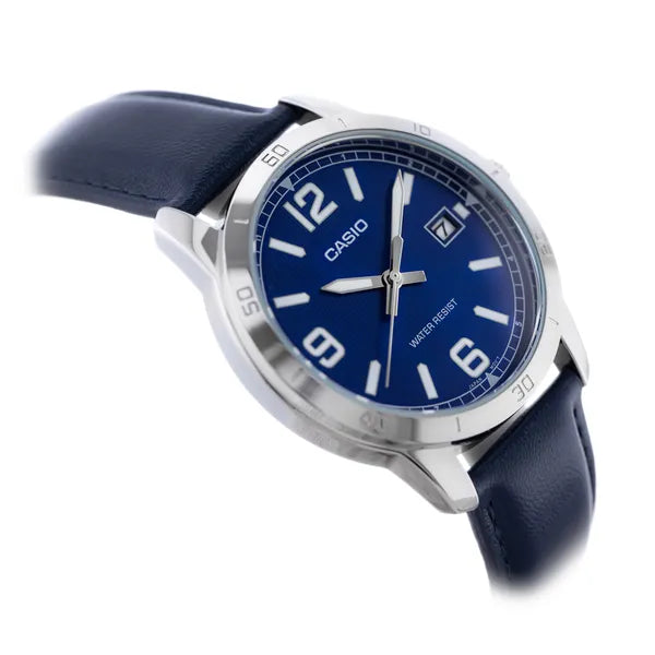 Casio MTP-V004L férfi karóra, kék számlap/bőrszíj, kvarc, dátum, WR30