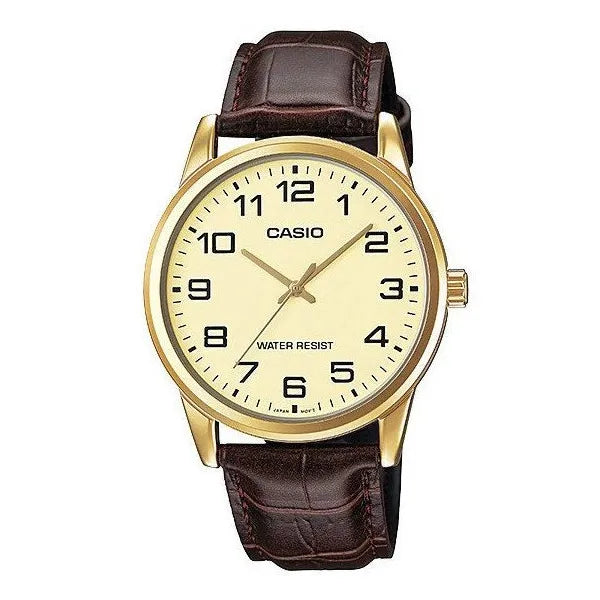 Casio MTP-V001GL-9B férfi karóra, arany számlap, barna bőrszíj, WR30