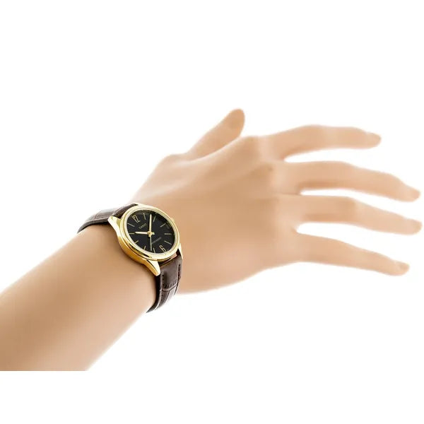 Casio női karóra LTP-V005GL-1B, arany tok, barna bőrszíj, fekete számlap