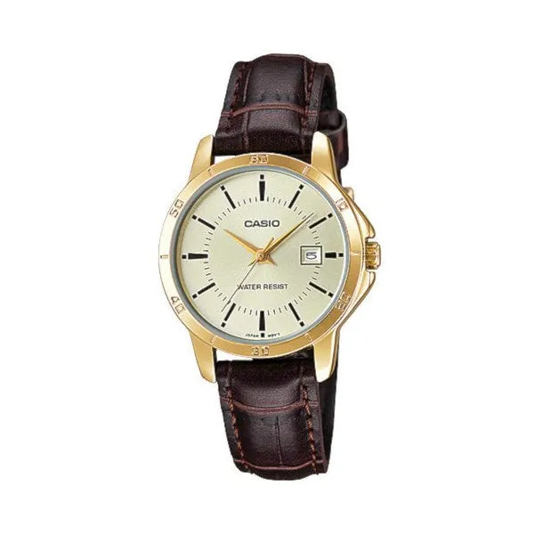 Casio női karóra LTP-V004GL-9A, kvarc, arany számlap, barna bőr szíj, WR30