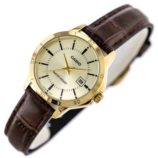 Casio női karóra LTP-V004GL-9A, kvarc, arany számlap, barna bőr szíj, WR30