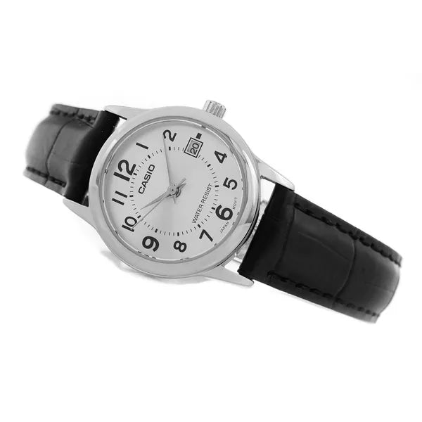 Casio női karóra LTP-V002L-7BUDF, fekete bőrszíj, ezüst számlap, 25 mm, WR30