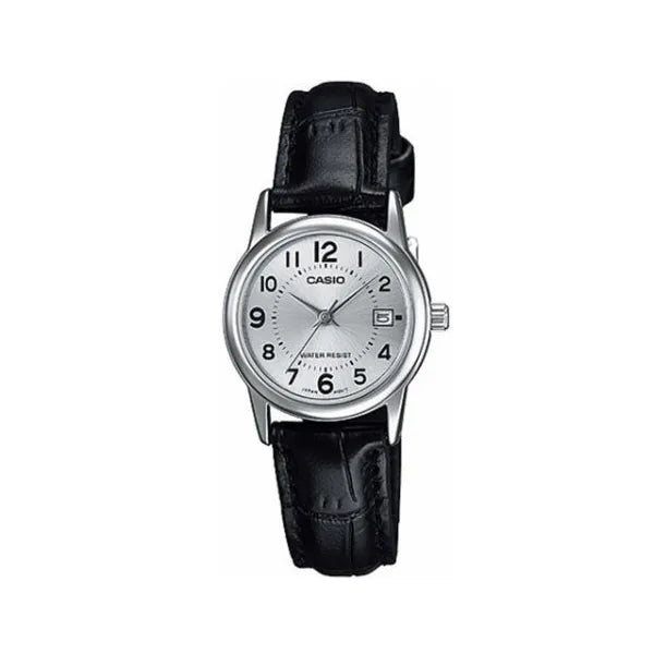 Casio női karóra LTP-V002L-7BUDF, fekete bőrszíj, ezüst számlap, 25 mm, WR30