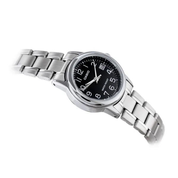 Casio női karóra, fekete számlap, acél szíj, 25 mm, WR30