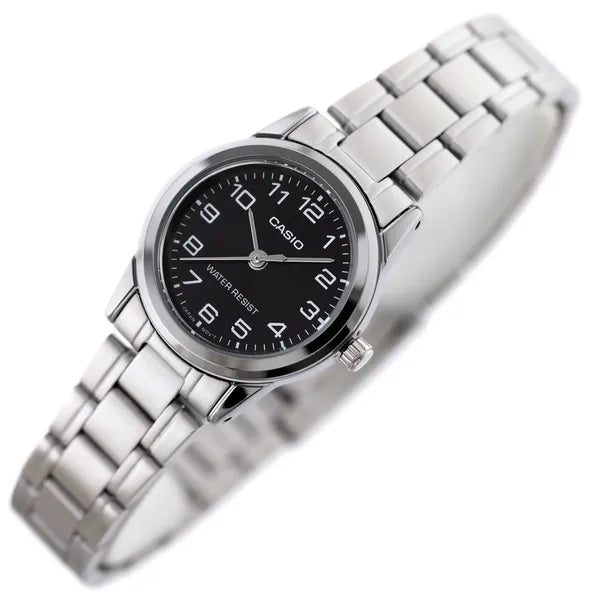 Casio LTP-V001D-1B női karóra, rozsdamentes acél, fekete számlap, 25 mm