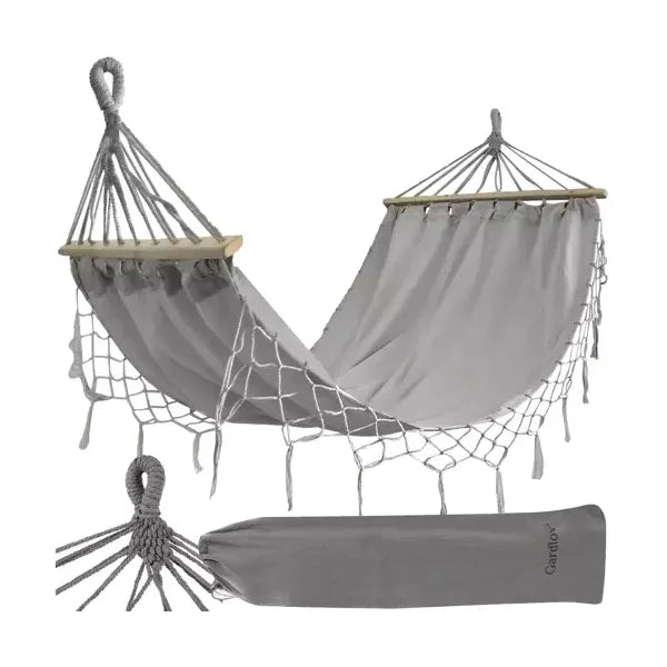 Szürke kerti függőágy fa kerettel, 200×100 cm, 200 kg teherbírás
