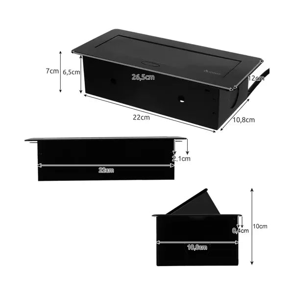 Süllyesztett fekete dupla aljzat USB-portokkal, 2x230V + 2xUSB, 1,9 m kábel