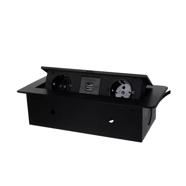 Süllyesztett fekete dupla aljzat USB-portokkal, 2x230V + 2xUSB, 1,9 m kábel