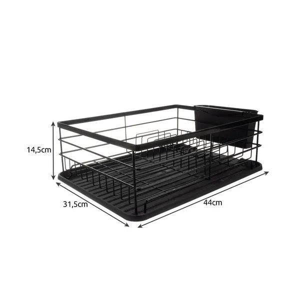 Fekete loft edényszárító tálcával és evőeszköz-tartóval, 44×31,5×13,5 cm