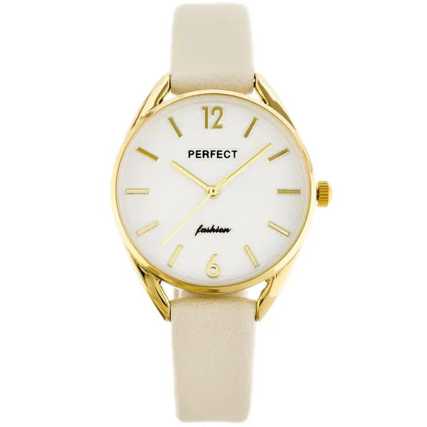 Női kvarc karóra, arany tok, bézs bőrszíj, ezüst számlap, 34 mm