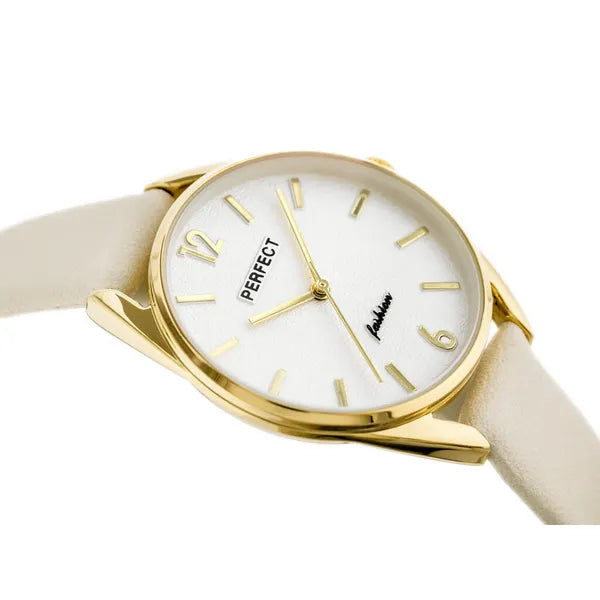 Női kvarc karóra, arany tok, bézs bőrszíj, ezüst számlap, 34 mm