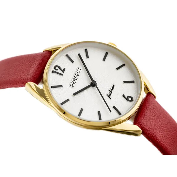 Női kvarc karóra vörös bőrszíjjal, arany tok 34 mm + díszdoboz