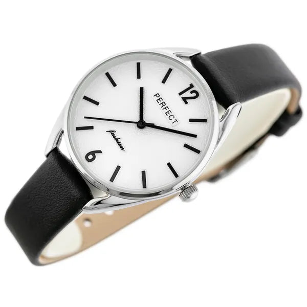 Női Perfect E347 karóra, quartz, bőr szíj, ezüst-fekete, 34 mm