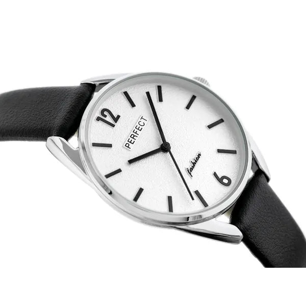 Női Perfect E347 karóra, quartz, bőr szíj, ezüst-fekete, 34 mm
