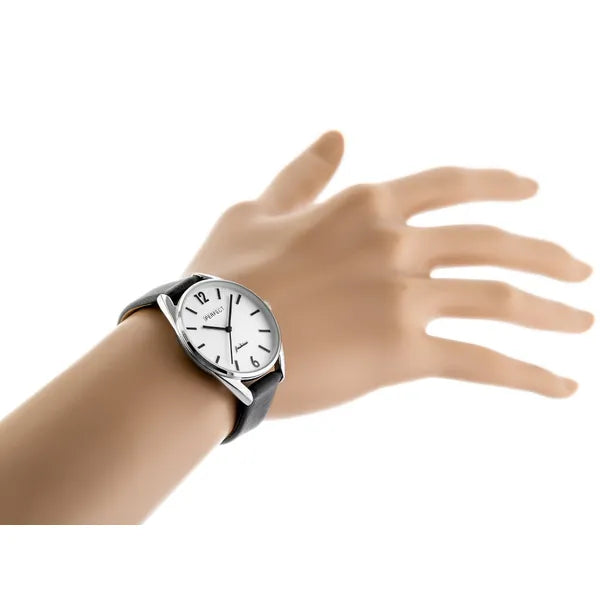 Női Perfect E347 karóra, quartz, bőr szíj, ezüst-fekete, 34 mm