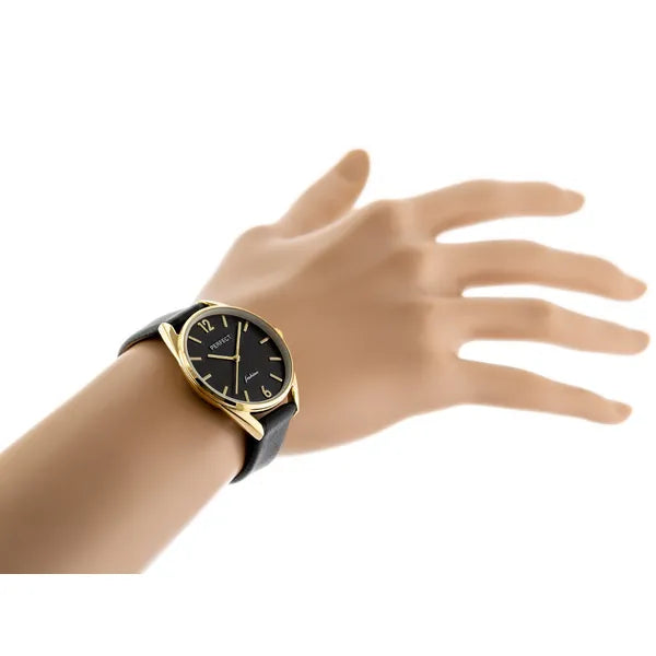 Női kvarc karóra fekete bőrszíjjal és arany tok, 34 mm