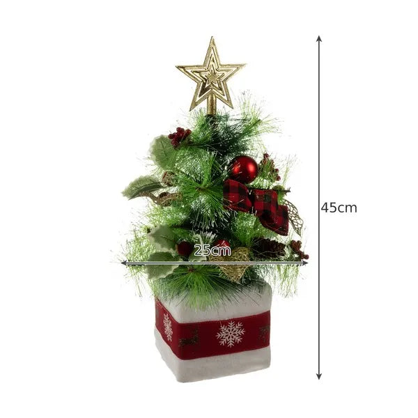 Műfenyő asztali dekor hóhatású díszekkel, 45 cm, zöld-arany-piros