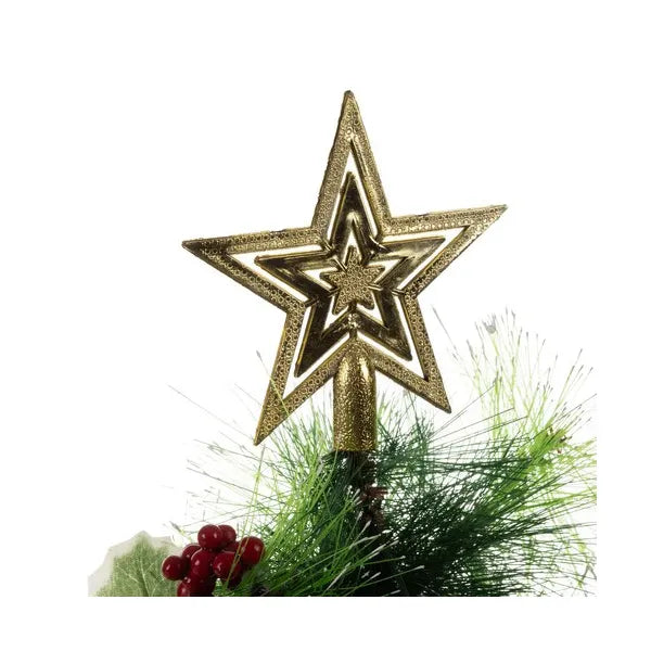 Műfenyő asztali dekor hóhatású díszekkel, 45 cm, zöld-arany-piros