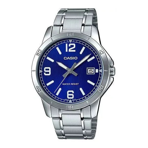 Casio MTP-V004D-2B férfi karóra, acél szíj, kék számlap, WR30
