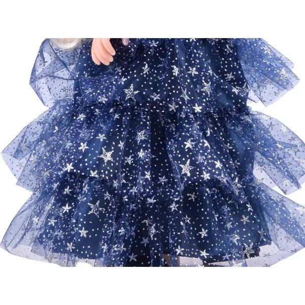 Ariana divatbaba 45 cm-es, kék csillagos estélyiben, fésűvel