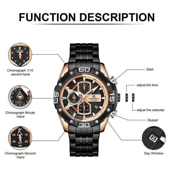 Naviforce NF8018 férfi kronográf karóra, rozéarany-fekete, acél szíj