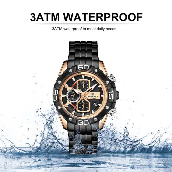 Naviforce NF8018 férfi kronográf karóra, rozéarany-fekete, acél szíj